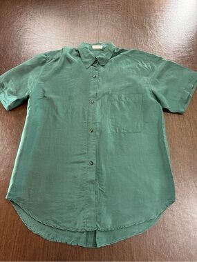 Robert Stock 100% Silk Men's Short-Sleeve Green Button-Up Shirt Sz L